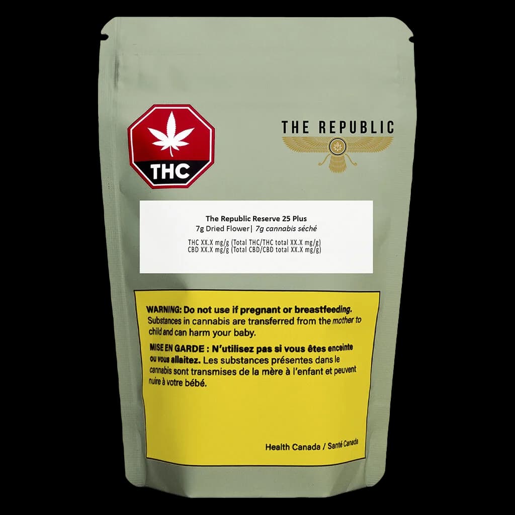 La pochette de 7 g de fleurs séchées The Republic Reserve 25 Plus avec le symbole d'avertissement THC rouge et l'étiquette d'avertissement jaune de Santé Canada
