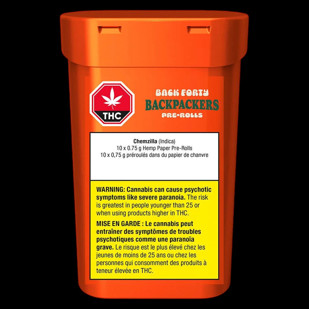 Back Forty Backpackers Chemzilla Indica pre-rolls, 10 x 0.75g hemp paper pre-rolls in orange container