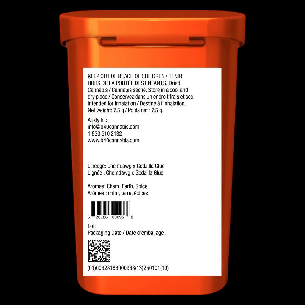 Back Forty Chemzilla 7.5g dried cannabis jar with orange container and white regulatory label showing strain lineage and storage instructions