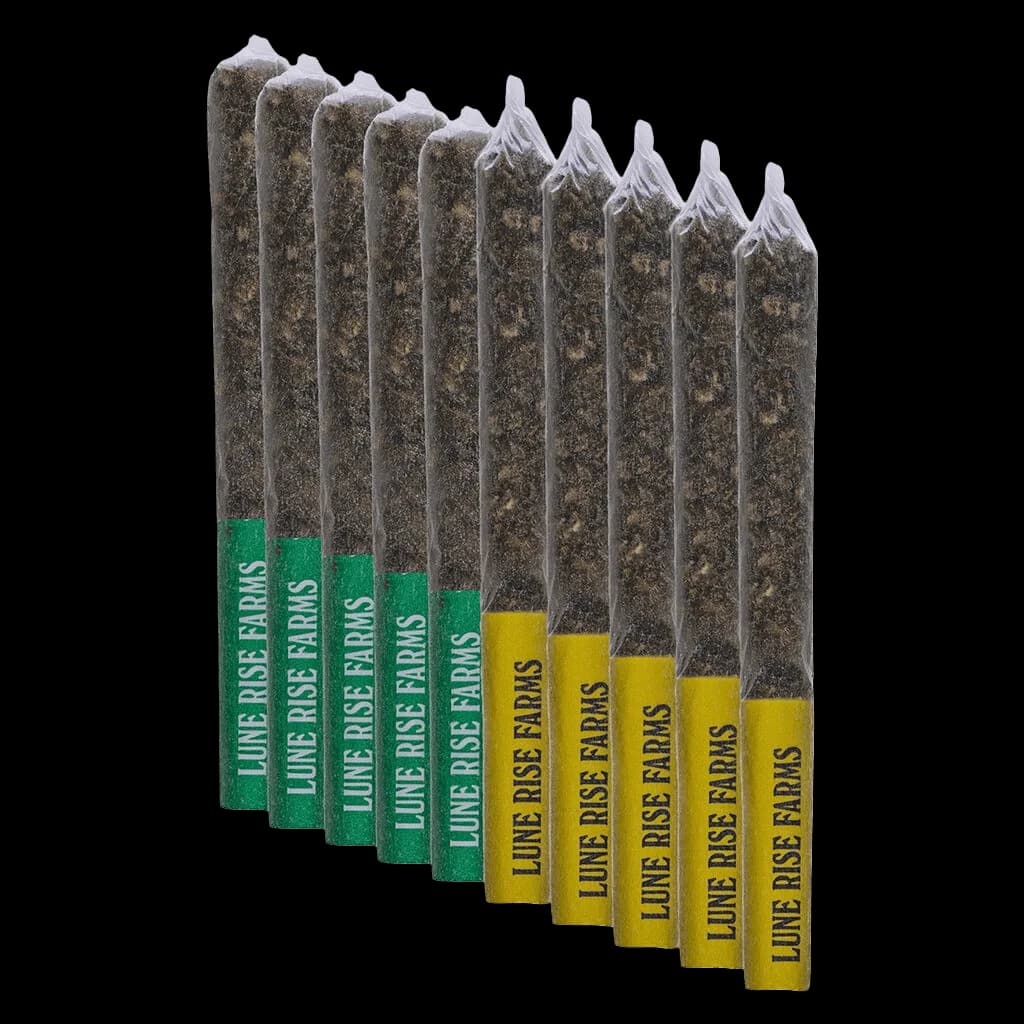 Lune Rise Farms pre-roll variety pack with 10 cannabis pre-rolls featuring green and yellow branded bands