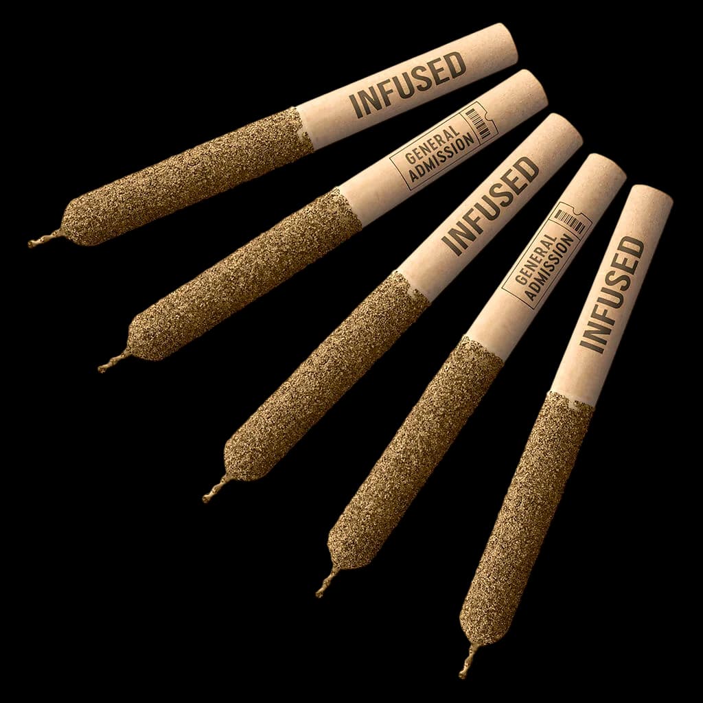 Five General Admission Berry Tundra Hi-Fi infused pre-rolls with natural cork filters and cannabis flower coating