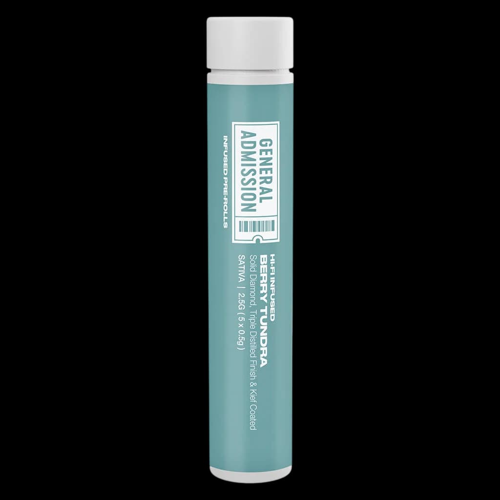 General Admission Berry Tundra Hi-Fi Infused pre-roll in teal tube with white cap, 2.5g x 5 pack