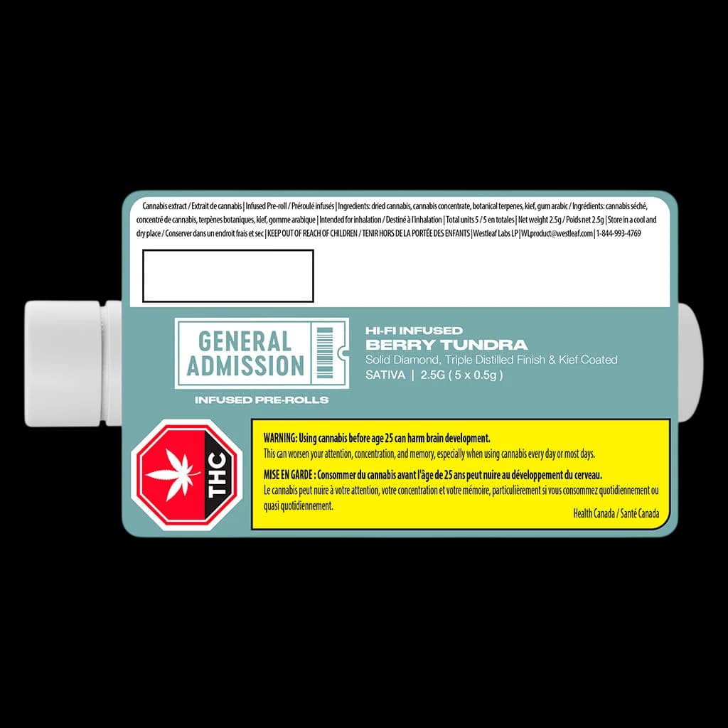 General Admission Berry Tundra Hi-Fi Infused Pre-Roll 2.5g pack (5 x 0.5g) with sativa strain details and Health Canada warning label