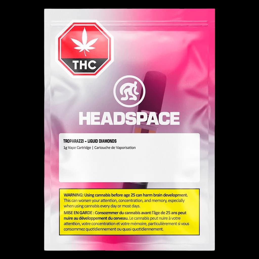 Headspace Troparazzi Liquid Diamonds 1g cannabis vape cartridge package with red THC warning symbol and yellow Health Canada warning label