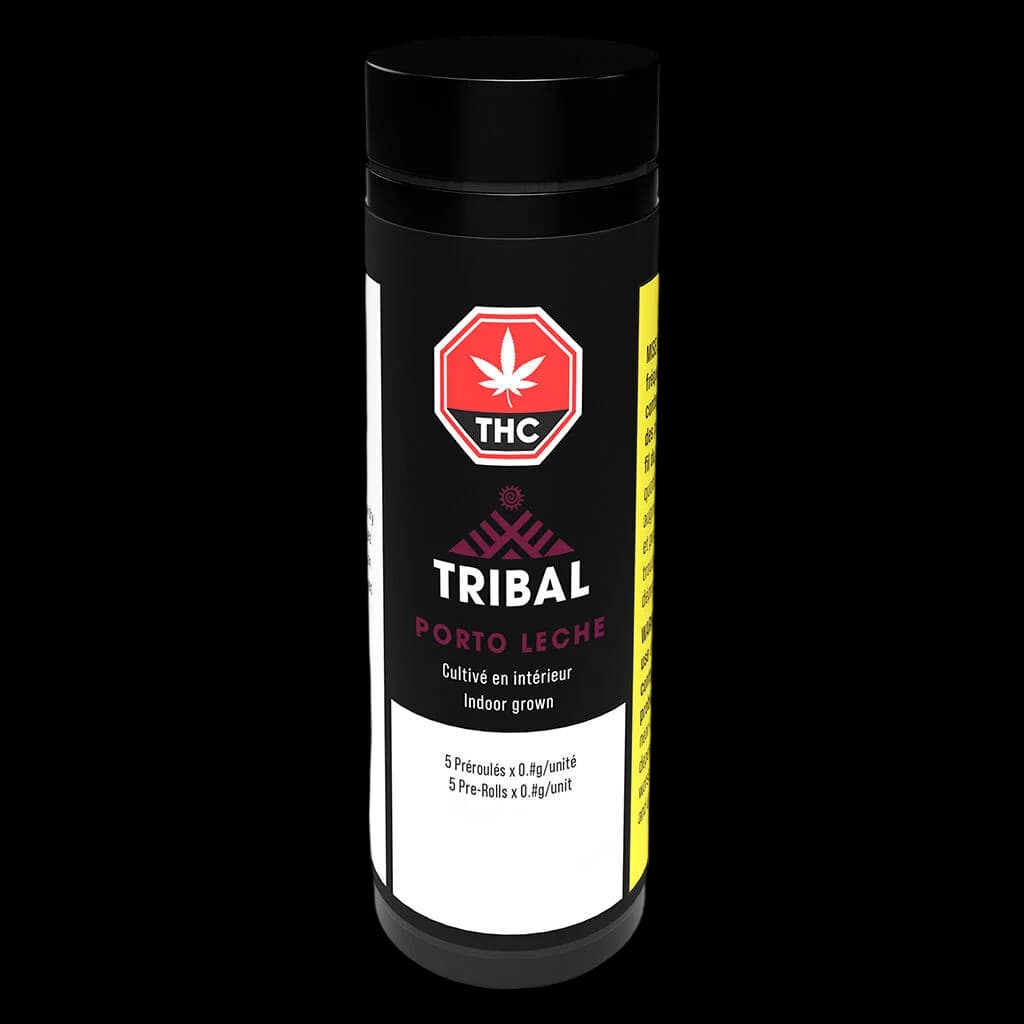 Tribal Porto Leche pre-roll pack, 5-pack cannabis pre-rolls, black tube with red THC badge and purple tribal logo