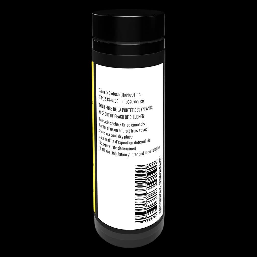 Tribal Porto Leche pre-roll package, black cylindrical container with yellow stripe and white label showing producer info and barcode