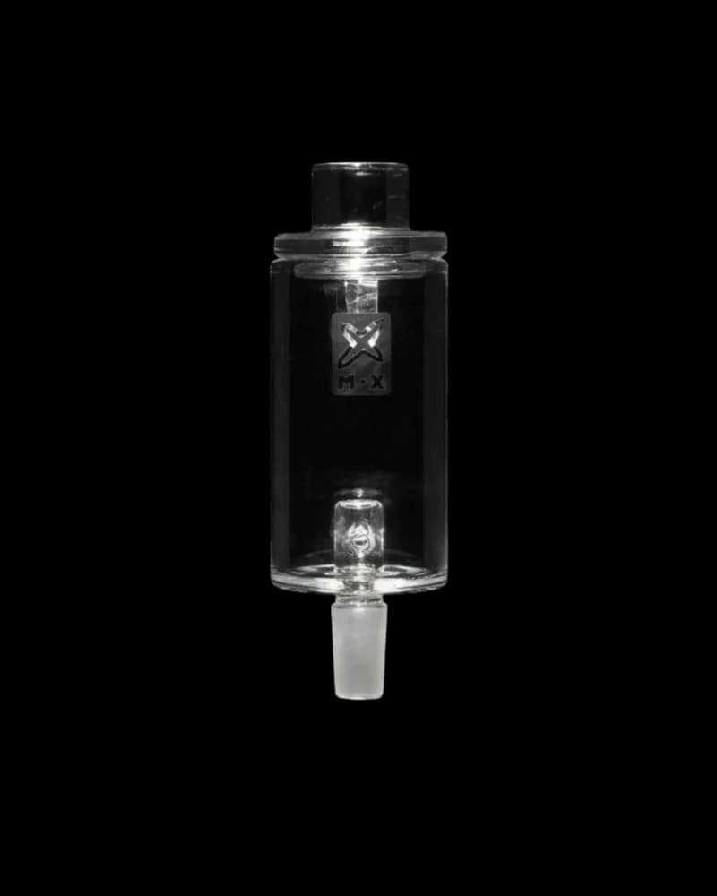 Milkyway Hash Bong Attachment with black glass chamber, clear base connector, and crossed-X logo label