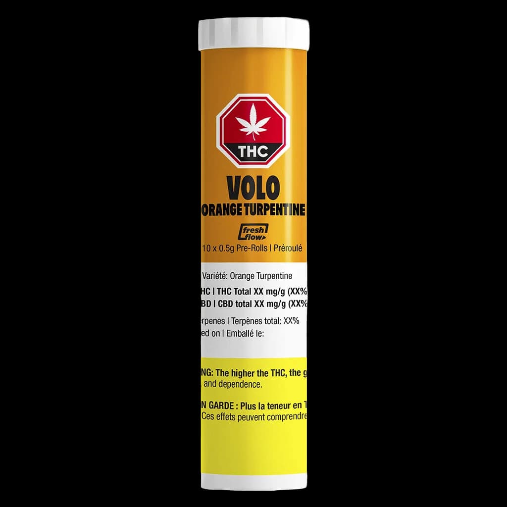 VOLO Orange Turpentine 10-pack pre-rolls 0.5g each with THC warning label on yellow tube