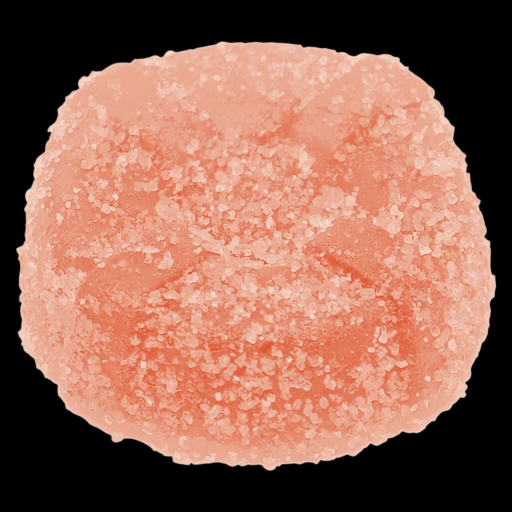 The Pink One sativa THC gummy by No Future, single pink sugar-coated soft chew against white background