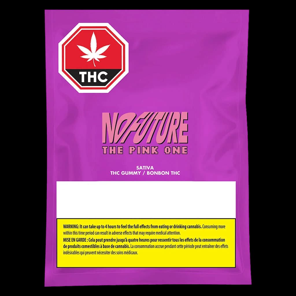 No Future The Pink One Sativa THC gummy package with purple background, red THC warning symbol, and yellow Health Canada warning label