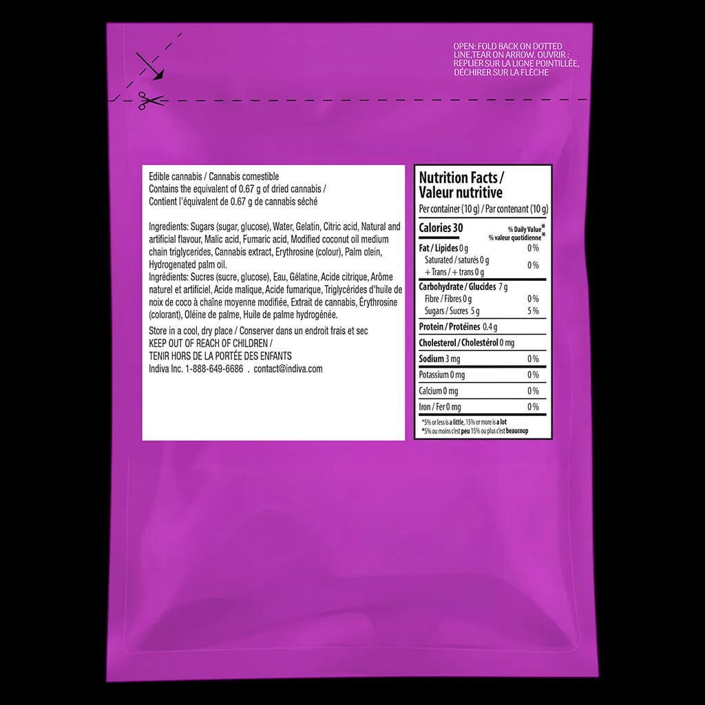 No Future The Pink One cannabis gummy package back panel showing ingredients, nutrition facts, and cannabis content of 0.67g dried equivalent per 10g container