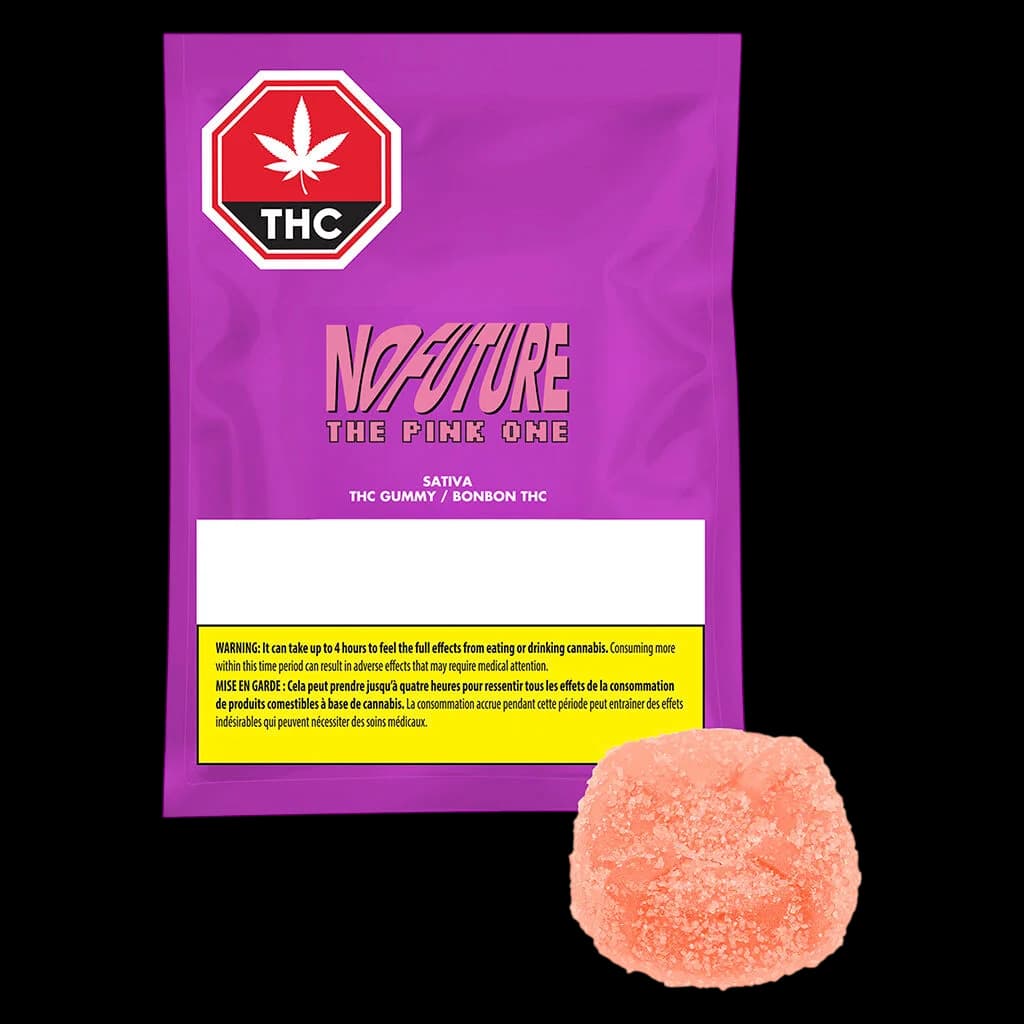 No Future The Pink One sativa THC gummy, pink sugar-coated candy beside purple package with THC warning symbol