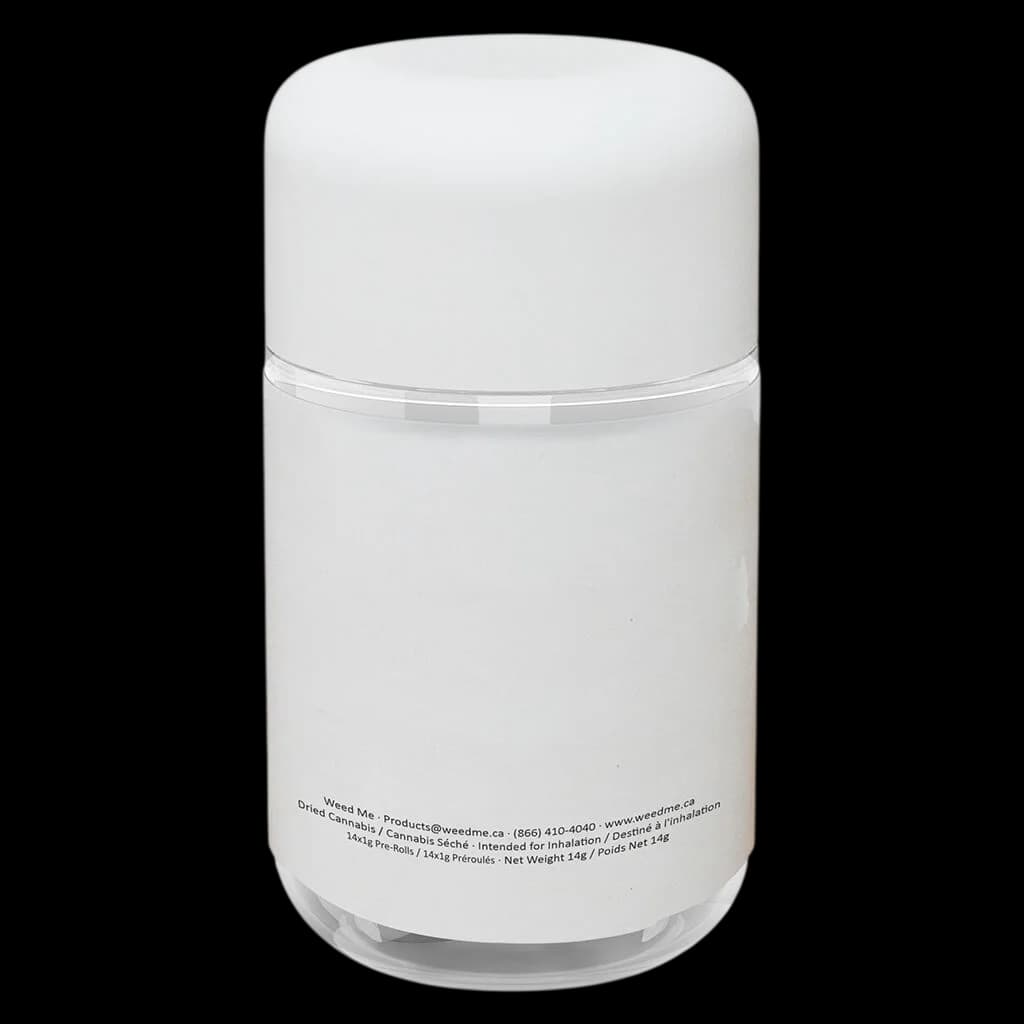 Paquet de pré-roulés Weed Me Grind Indica 30 Plus, poids net de 14 g, contenant cylindrique blanc avec bande transparente et texte réglementaire