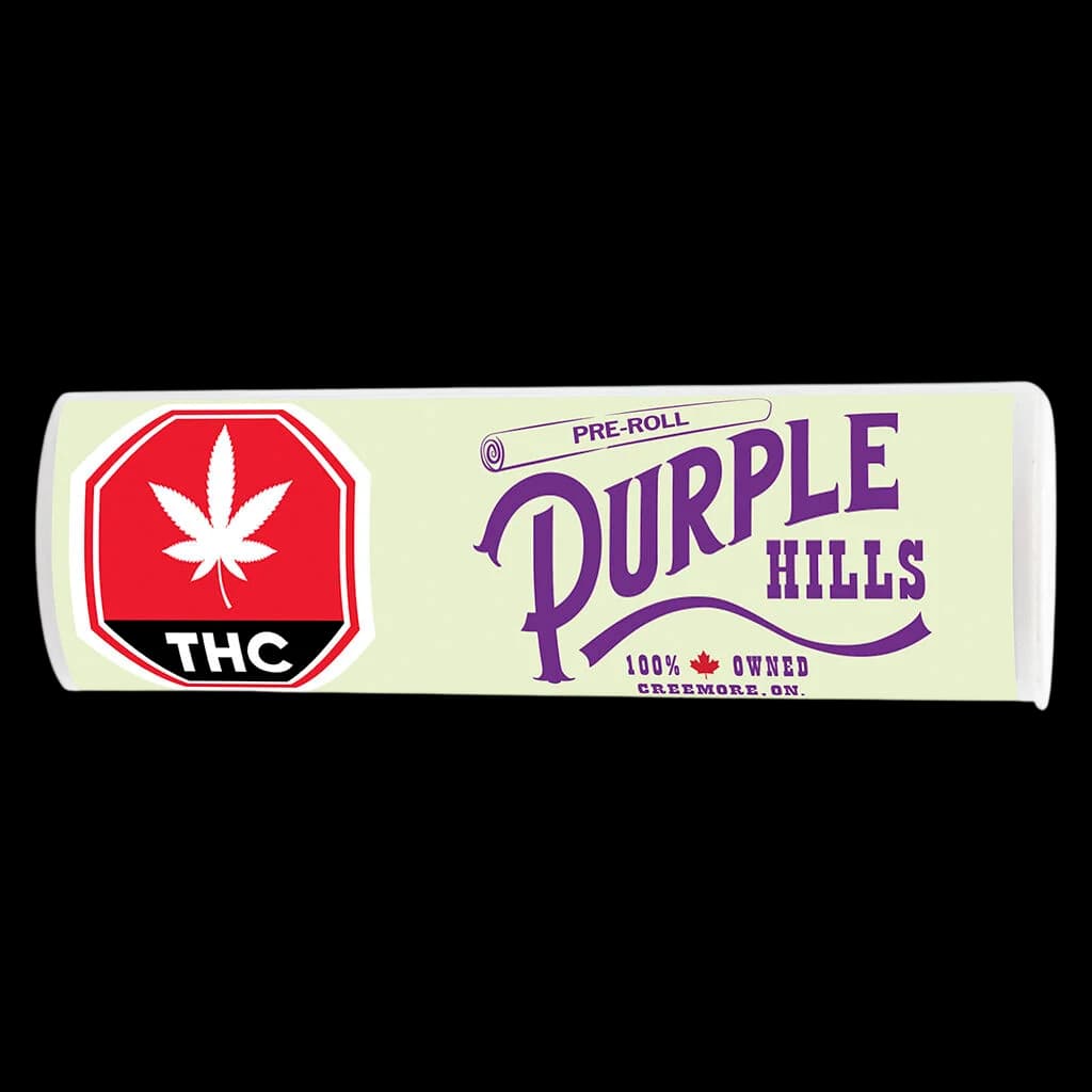 Purple Hills Iced Sangria pre-roll pack with red THC warning symbol and purple branding on cream background