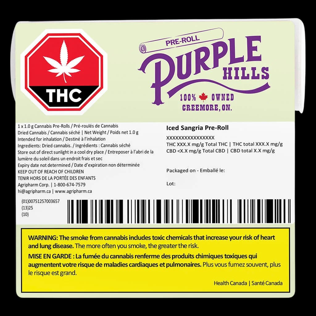 Purple Hills Iced Sangria cannabis pre-roll, 1.0g, front packaging with red THC warning symbol and yellow Health Canada warning label