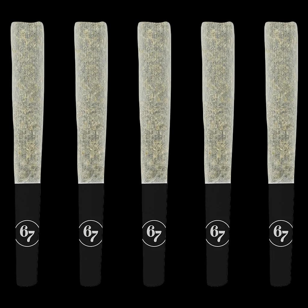 Five 67 Artisan Reserve pre-rolls with grey flower and black filter tips branded with circular 67 logo