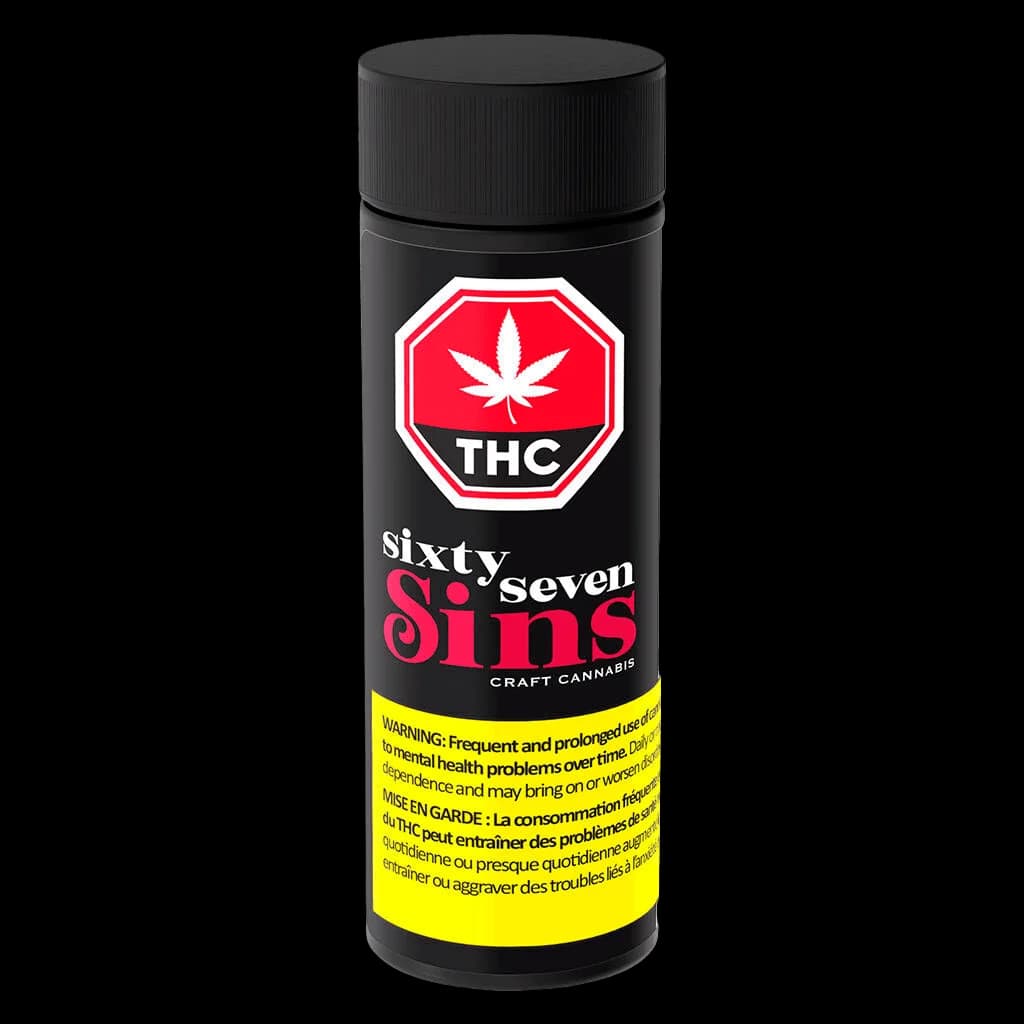 Sixty Seven Sins craft cannabis pre-roll tube with red THC warning symbol and yellow Health Canada warning label