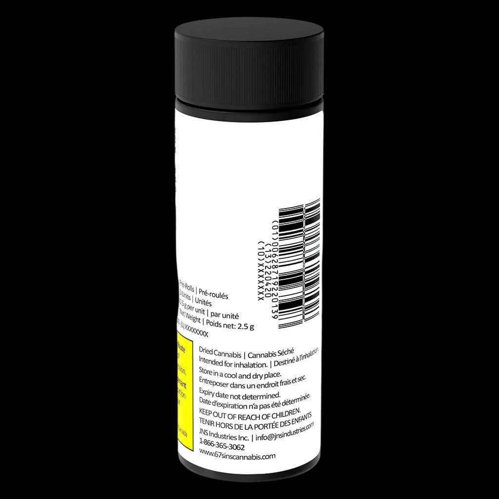 67 Artisan Reserve pre-roll pack, 2.5g total weight, white cylindrical container with black cap and yellow warning label