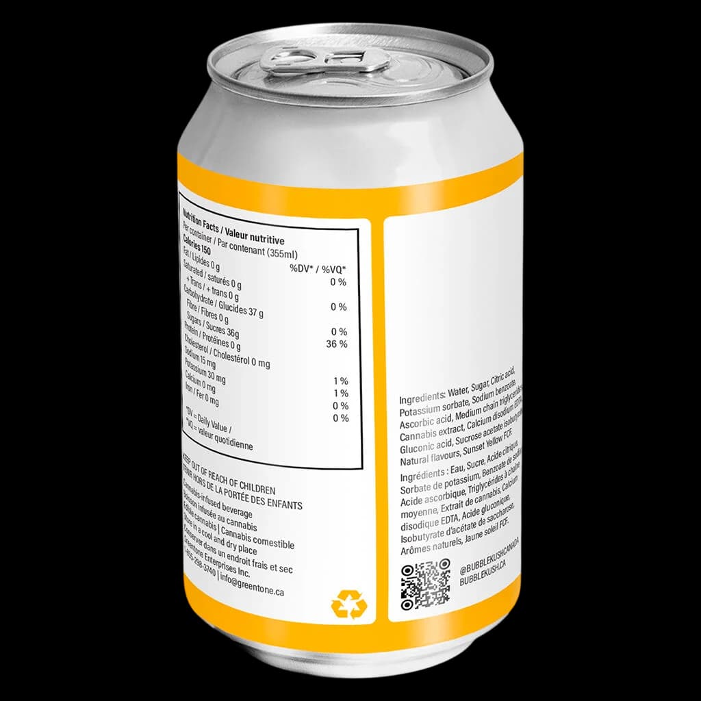 Bubble Kush Orange cannabis beverage 355ml can with yellow band, nutrition facts and ingredients visible on rear label