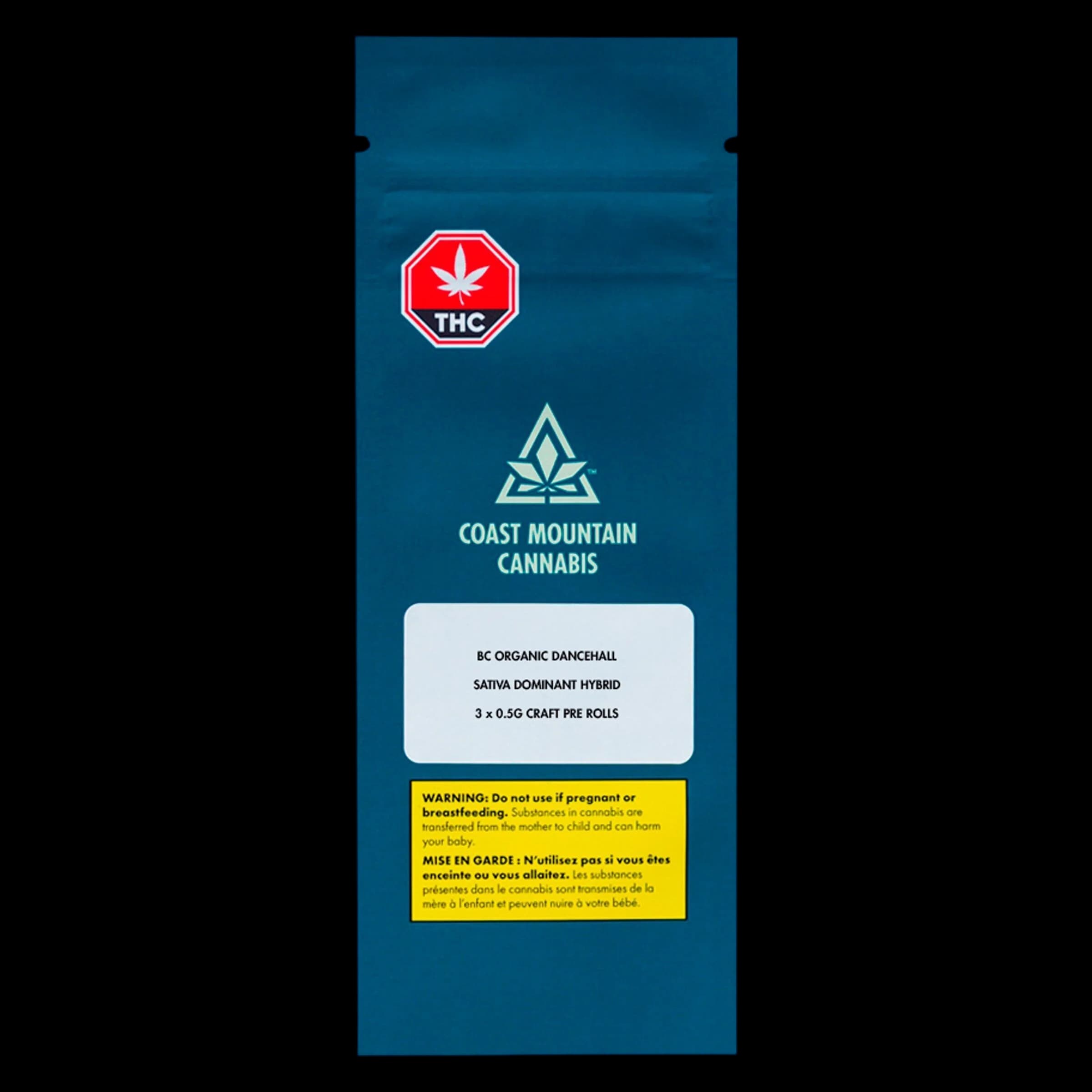 Emballage de pré-roulés BC Organic Dancehall de Coast Mountain Cannabis, 3 pré-roulés artisanaux de 0,5 g, hybride à dominance sativa
