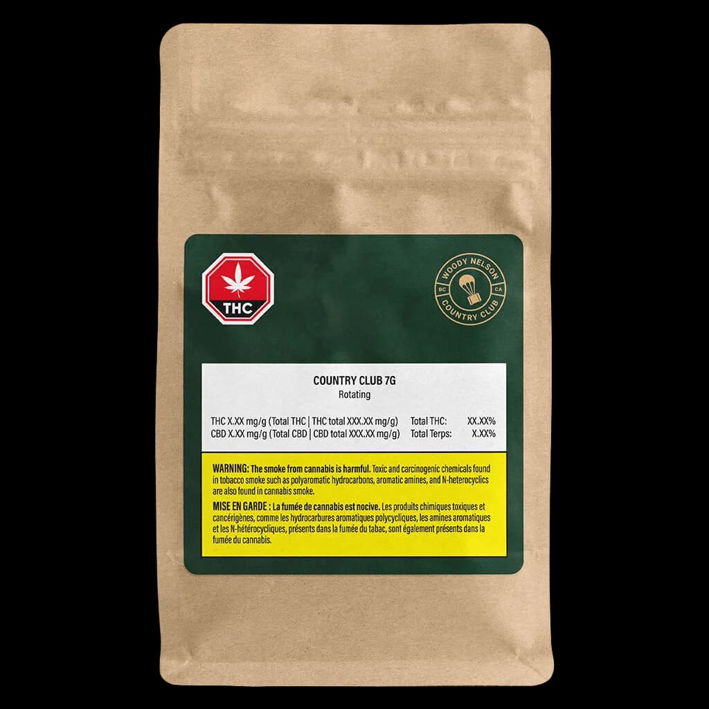 Sachet de 7 g de fleurs de cannabis séchées Woody Nelson Country Club avec étiquette verte, symbole d'avertissement THC et mise en garde bilingue de Santé Canada