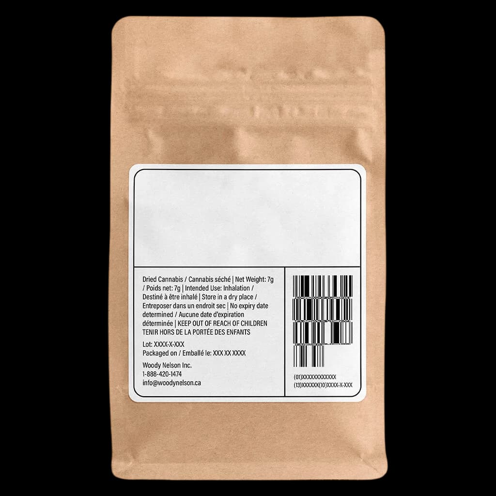 Fleur de cannabis séché Woody Nelson Country Club 7g en sachet kraft avec étiquette réglementaire