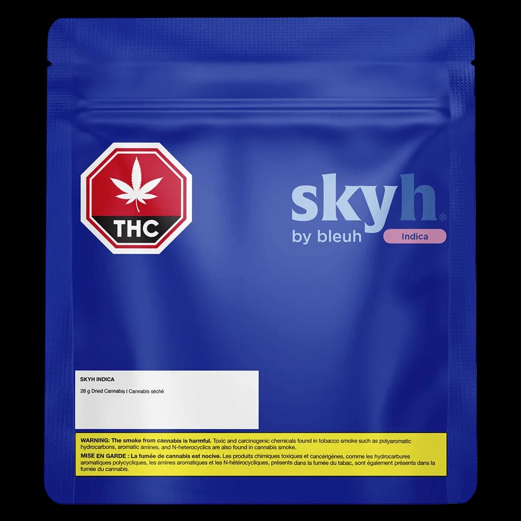 Skyh by Bleuh Indica 28g dried cannabis flower pouch with blue packaging and red THC warning symbol