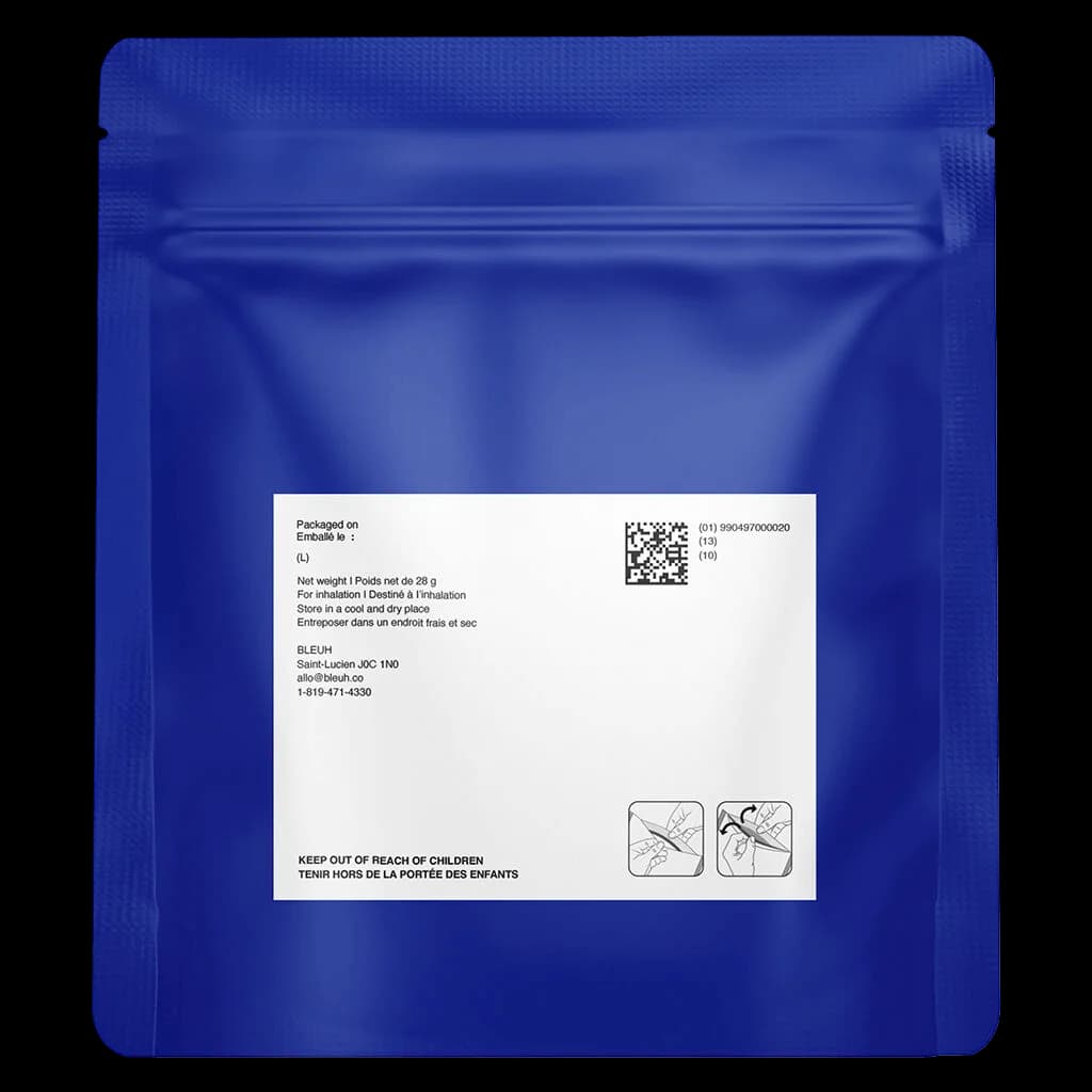 Bleuh Skyh cannabis dried flower pouch, 28g, blue resealable packaging with white regulatory label