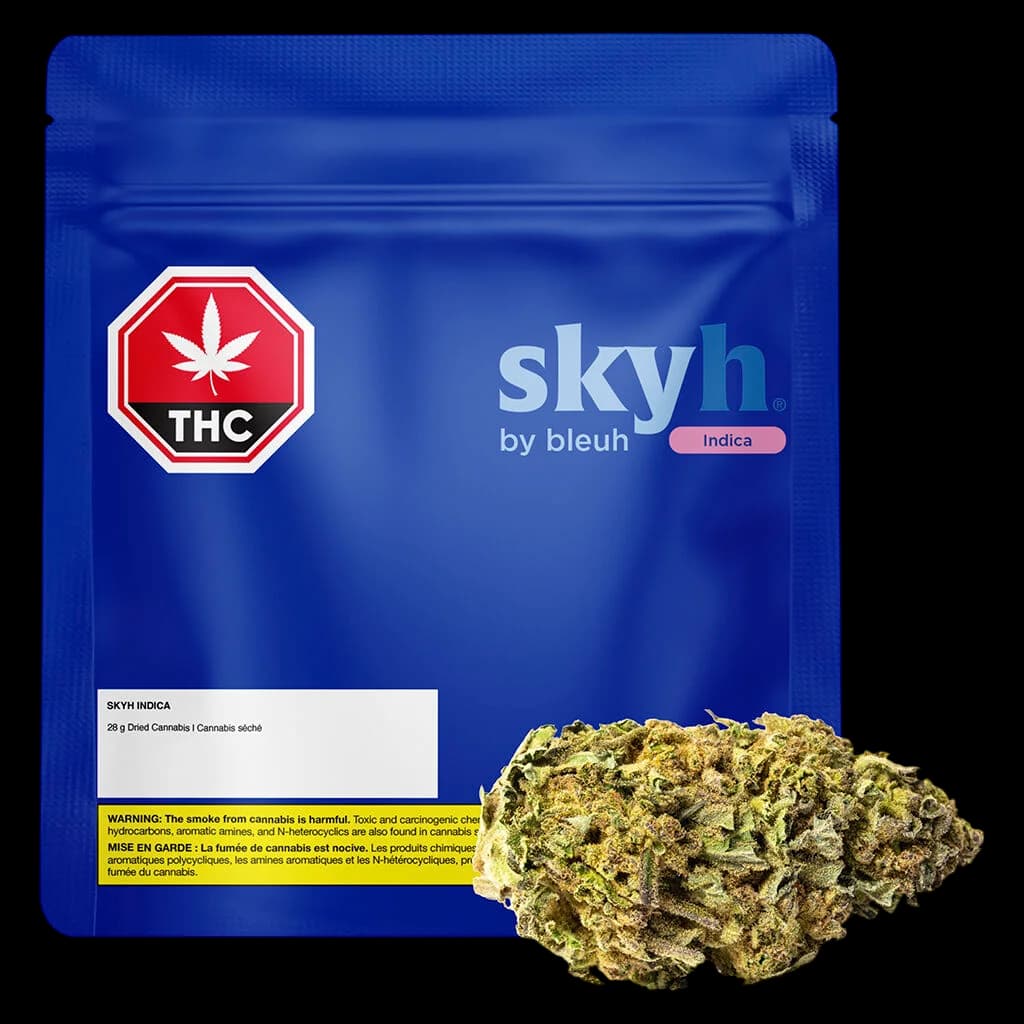 Skyh Indica 28g dried cannabis flower by Bleuh with blue pouch packaging and THC warning label