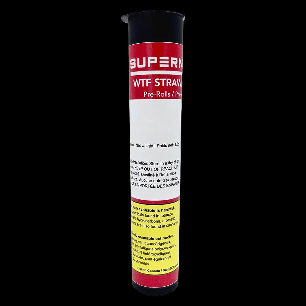 Emballage de pré-roulés Supernova Farms WTF Strawberry avec étiquette rouge et blanche, capuchon noir et bande d'avertissement jaune de Santé Canada