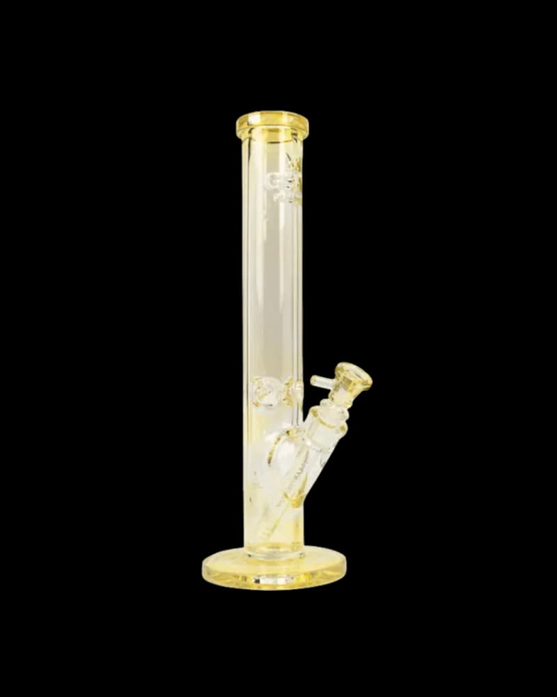 Gear Premium straight tube water bong with debossed logo, 7mm thick borosilicate glass, yellow tint, angled downstem and yellow base