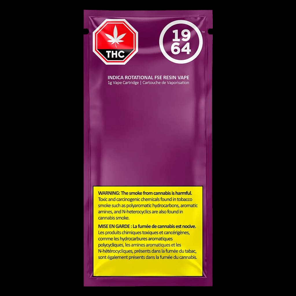 Cartouche de vapotage 1964 Indica Rotational FSE Resin de 1 g avec emballage mauve, symbole d'avertissement THC et étiquette de Santé Canada