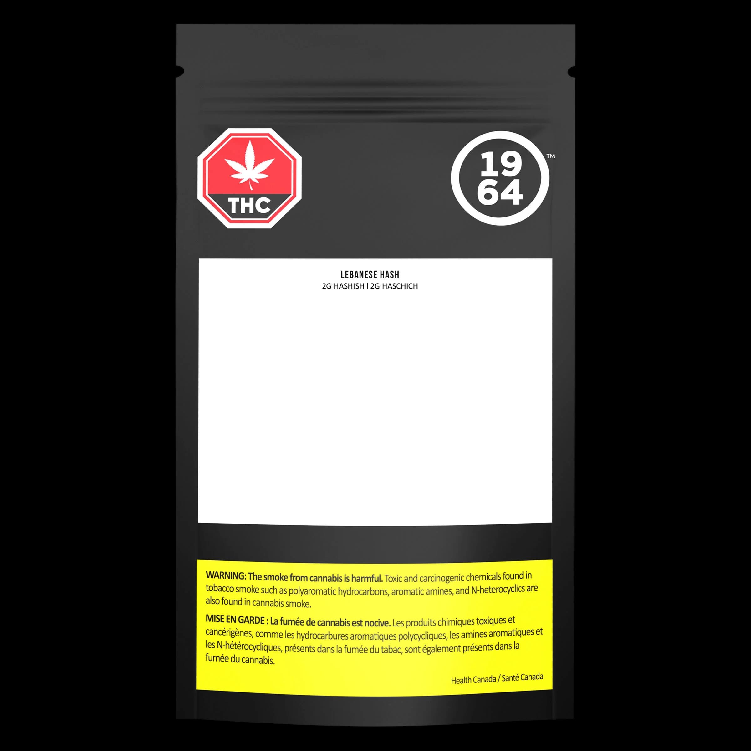 1964 Lebanese Hash 2g cannabis concentrate package with THC symbol and health warning label