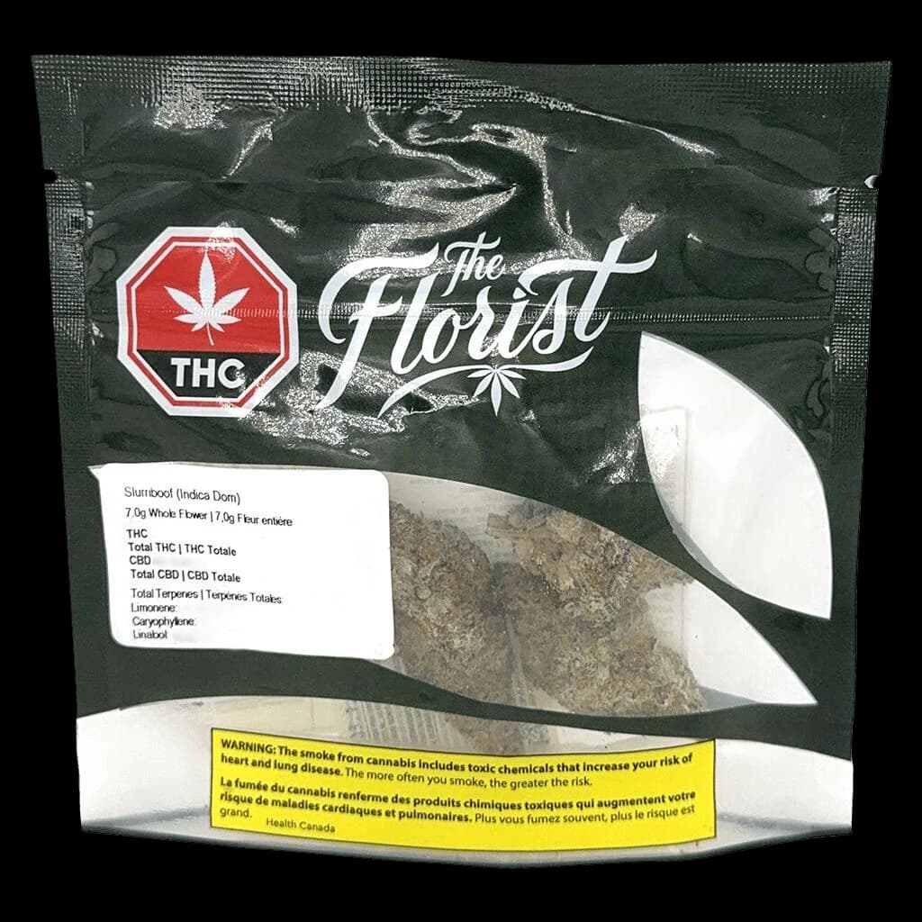 The Florist Slurriboof Indica Dom 7.0g whole flower in dark green sealed pouch with THC warning symbol and Health Canada health warning label