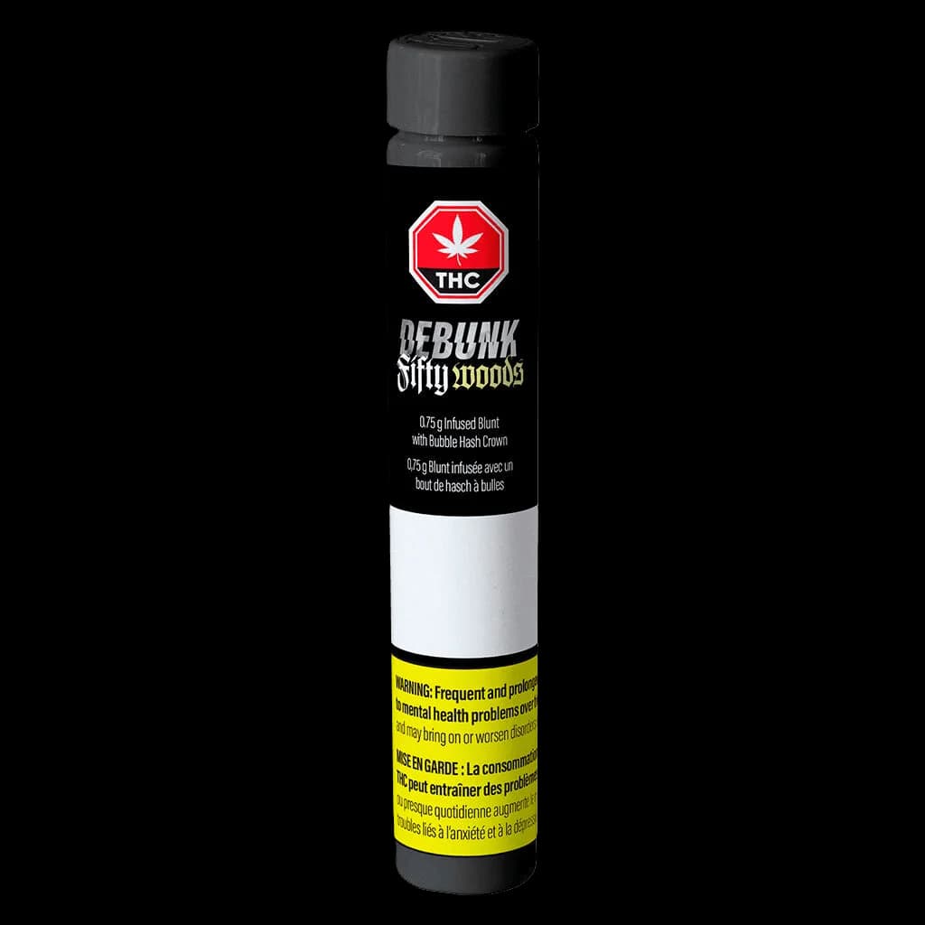 Fifty Woods Banana DEBUNK 0.75g infused blunt with bubble hash crown, black tube packaging with red THC warning symbol and yellow Health Canada warning label