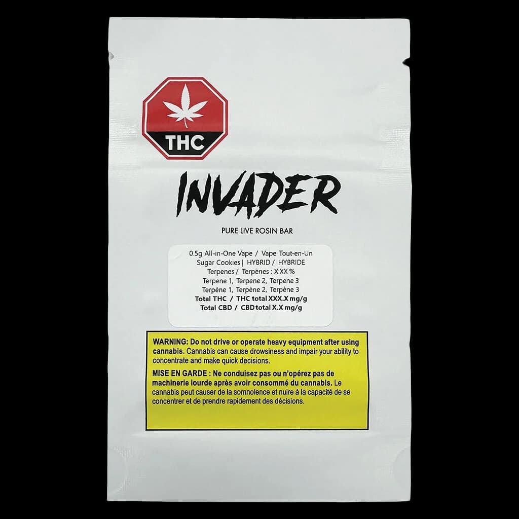 Invader Pure Live Rosin Bar 0.5g all-in-one vape cartridge packaging, Sugar Cookies hybrid strain with THC warning symbol and Health Canada safety label