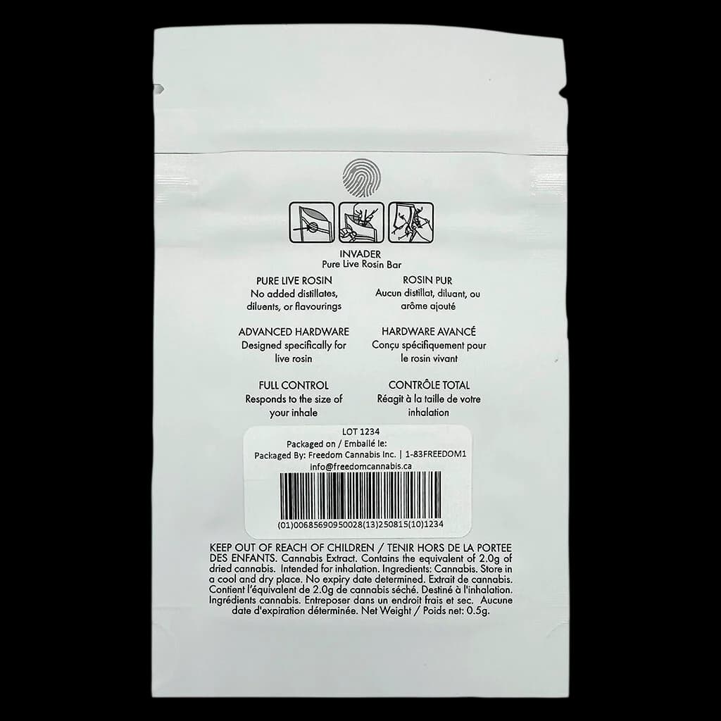 INVADER Pure Live Rosin Bar 0.5g disposable vape pen with product information and barcode on rear packaging