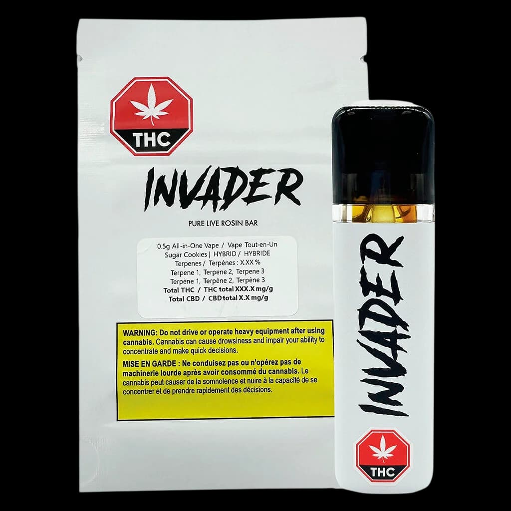 Invader Pure Live Rosin Bar 0.5g disposable vape pen with Sugar Cookies hybrid strain, packaging and filled cartridge shown