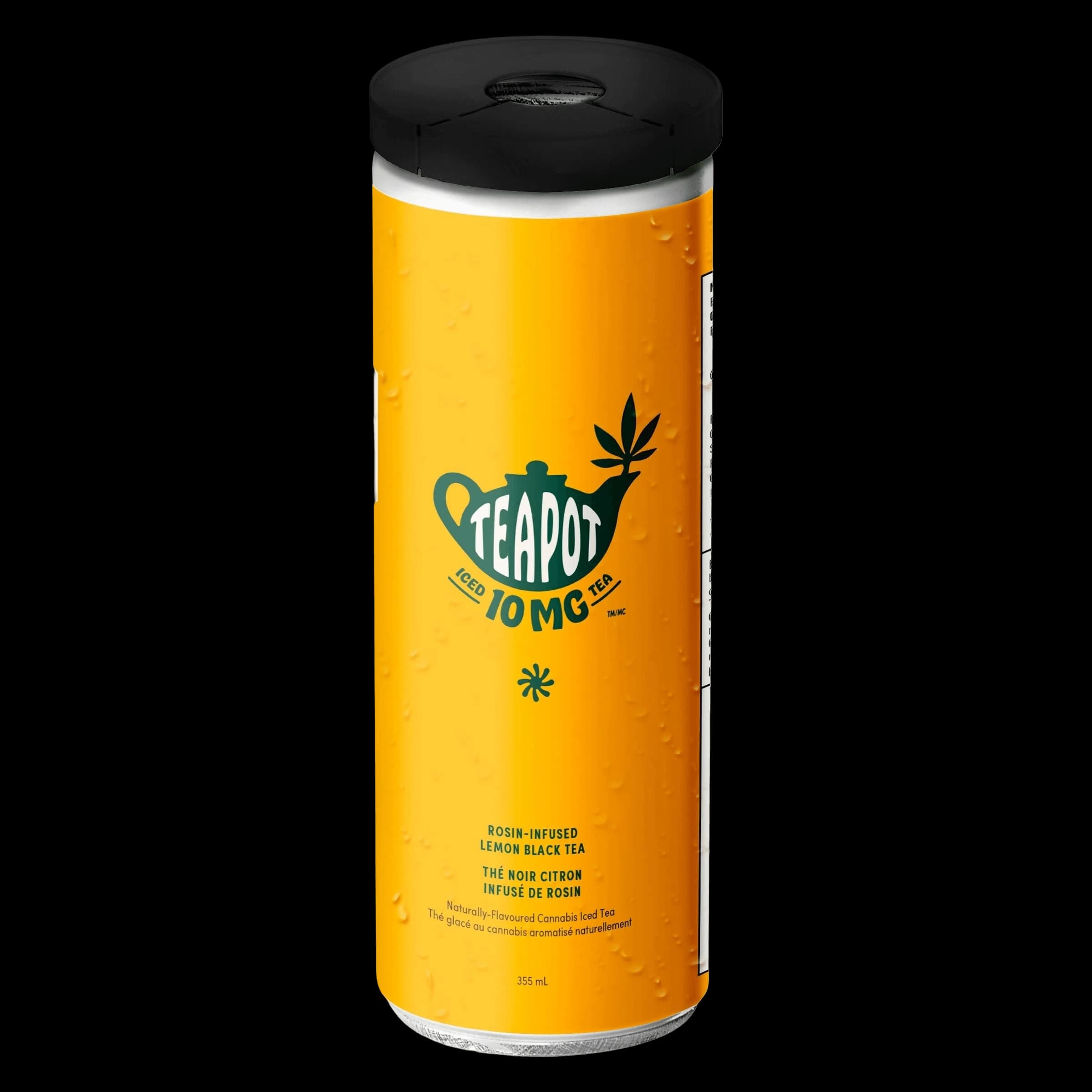 Teapot rosin-infused lemon black tea, 355 mL cannabis beverage in yellow can with black cap