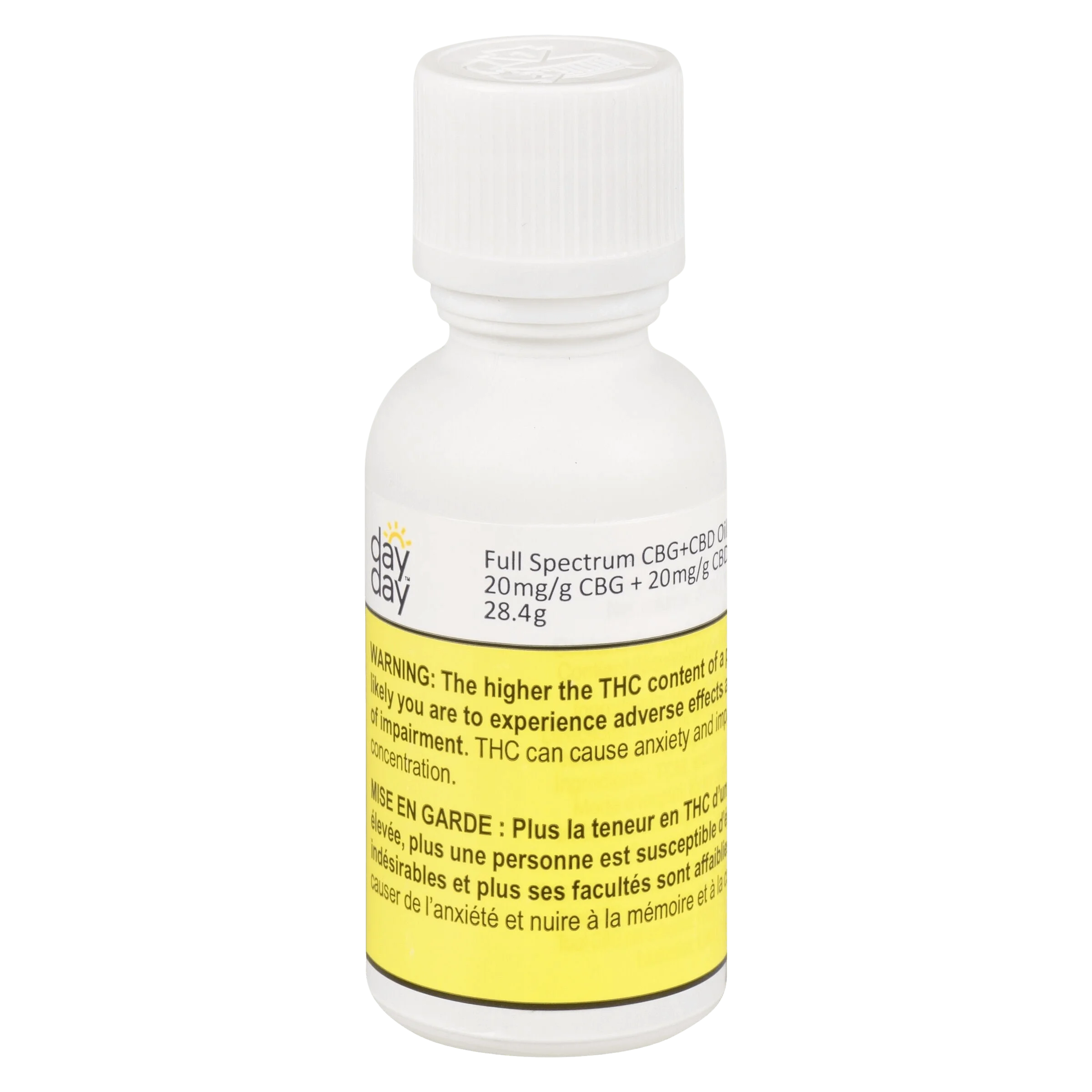 DayDay Full Spectrum CBG+CBD Oil 28.4g bottle with white cap and yellow health warning label