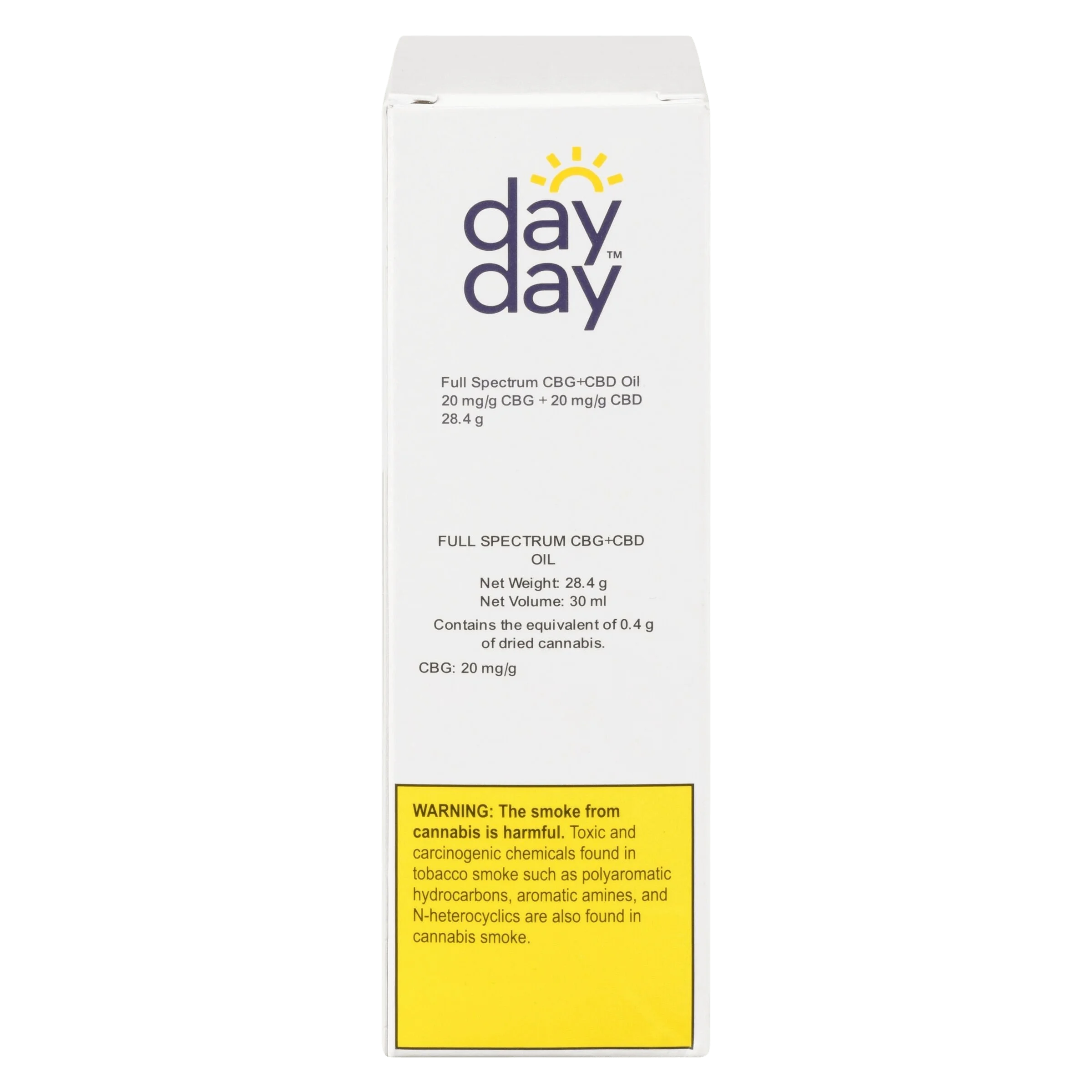 Emballage de 28,4 g d'huile Full Spectrum CBG+CBD de Day Day, concentré de cannabis à 20 mg/g de CBG et 20 mg/g de CBD