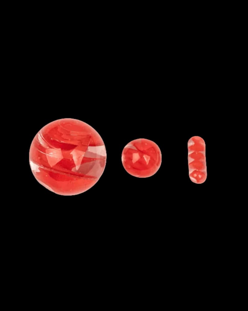 Gear Premium Terp Slurper Heat Bead and Carb Cap Set with three red quartz components displayed against white background