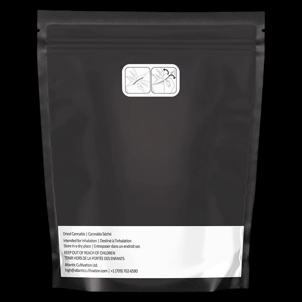 Queen of the Underground Georgia Peach dried cannabis flower in black resealable pouch with usage instructions