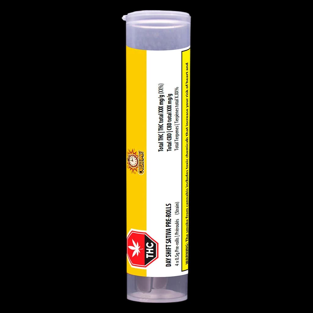 Dayshift Sativa pre-roll pack with yellow label, THC potency information, and 4x0.6g pre-rolls visible on packaging