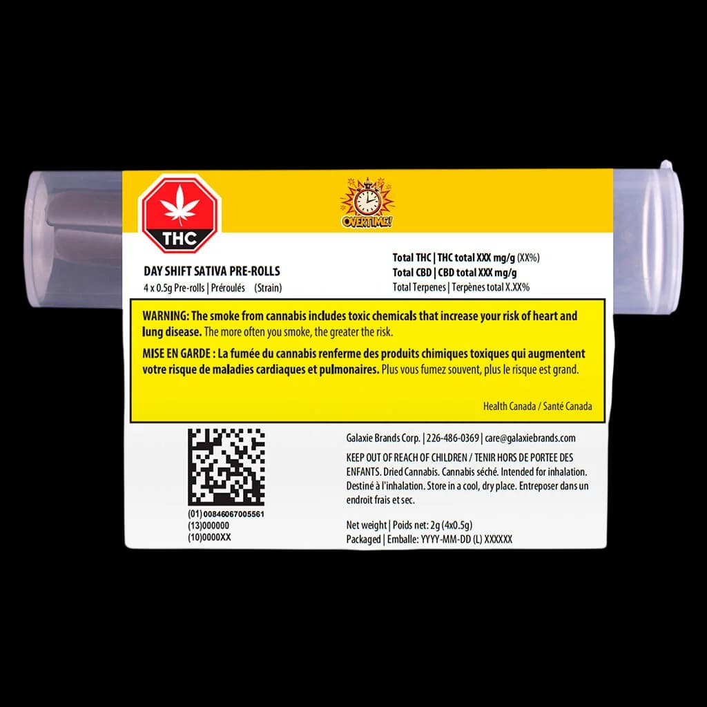 Overtime Day Shift Sativa pre-rolls pack with 4x0.5g joints in clear tube, yellow and red packaging with health Canada warning label