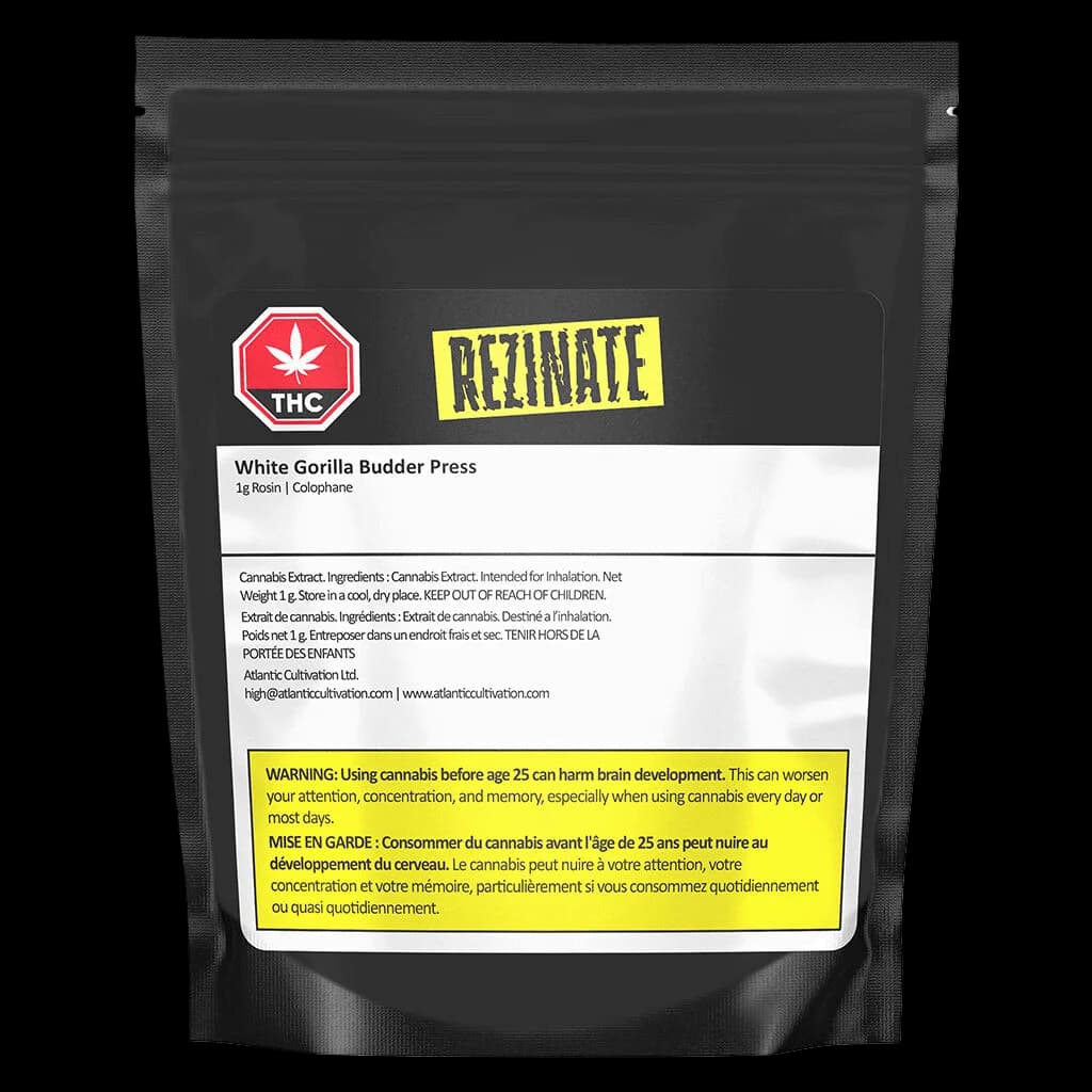 Rezinate White Gorilla Budder Press 1g rosin concentrate package with red THC symbol and yellow warning label on black pouch