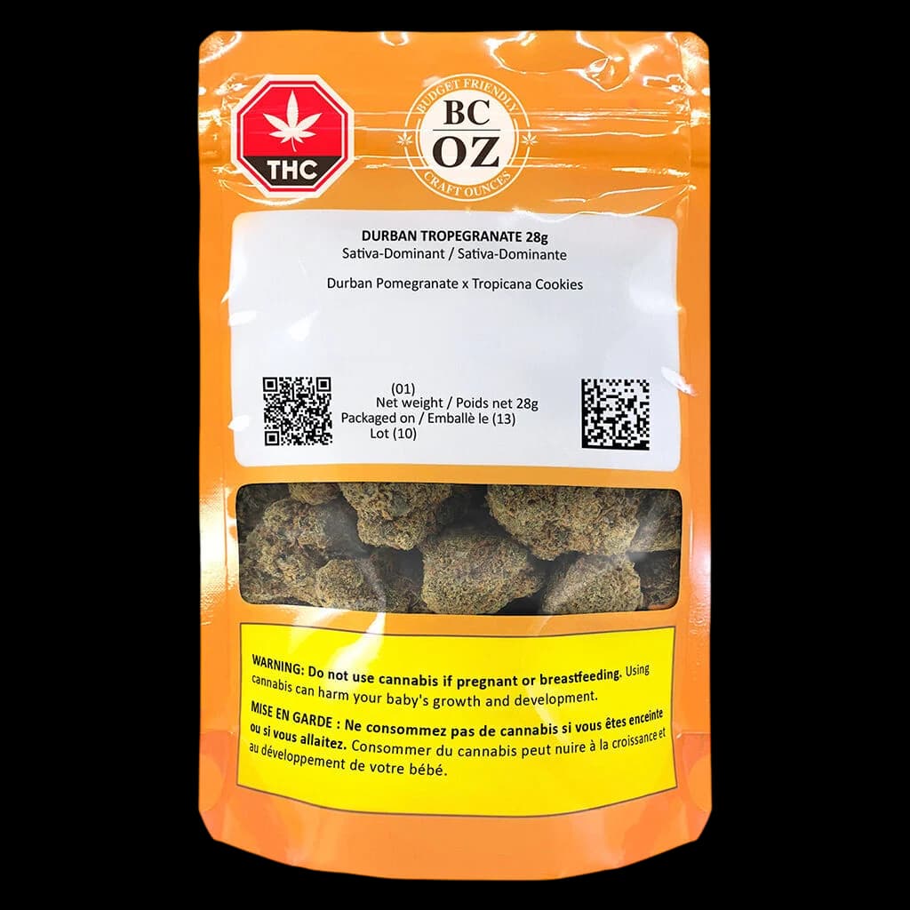 BC OZ Durban Tropegranate 28g sativa-dominant dried flower cannabis buds in orange pouch