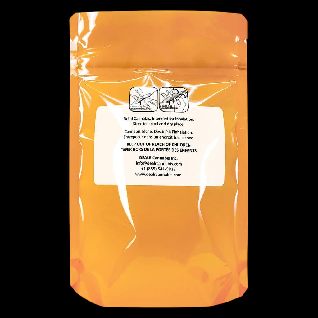 BC OZ Durban Tropegranate dried cannabis flower in orange pouch with cannabis leaf graphics and bilingual storage instructions