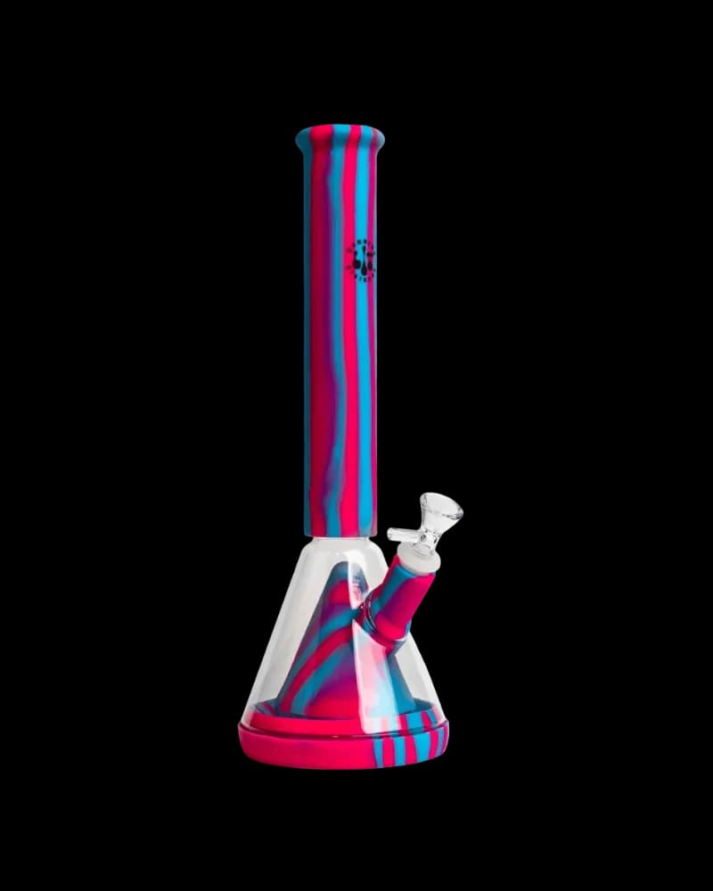 Colorful striped water pipe with red, blue, and pink vertical bands, glass bowl, and white base