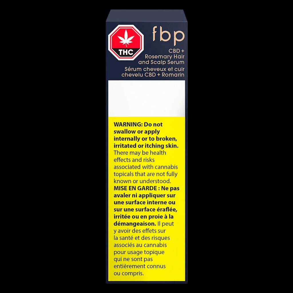 FBP CBD + Rosemary Hair and Scalp Serum packaging with Health Canada THC warning label and bilingual usage warnings